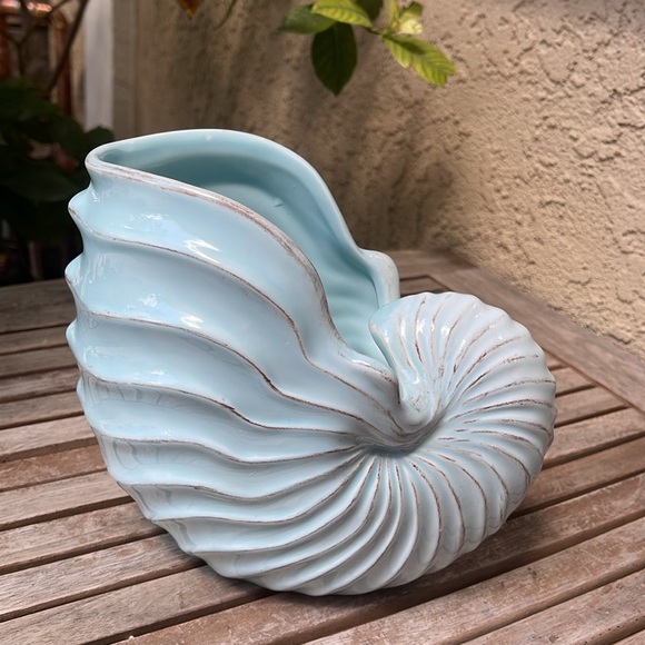 Vintage Blue Nautilus Shell Planter Vase - Picture 1 of 8